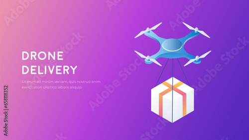 Drone delivery technology concept. Drone with a package future illustration. Quadcopter delivering an order isometry. 