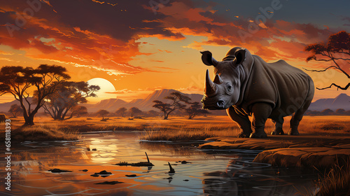 Fototapeta Naklejka Na Ścianę i Meble -  Strong Big Rhinoceros Stand Alone in Jungle at Sunset Golden Hour Selective Focus Background