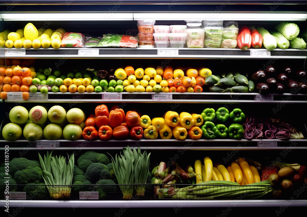 Refrigerated shelf with various ripe fresh organic fruits in supermarket.Macro.AI Generative Refrigerated shelf with various ripe fresh organic fruits in supermarket.Macro.AI Generative