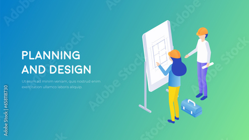 Building plan and creation of design project technology concept. Engineer or an architect standing near chalkboard modern isometry. Construction and architecture 3d vector.