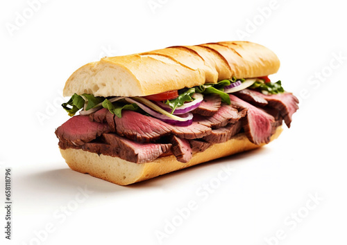 Roast beef submarine sandwich with lettuce and tomato and spicy sauce on white background.Macro.AI Generative