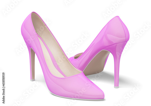 Elegant women's high-heeled shoes. Patent leather. Pink color. 3d illustration. Isolated on white background