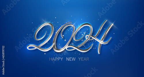 Happy new year 2024 silver numbers with on blue background. Banner for Christmas
