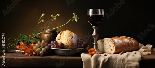 Still life depicting Easter Communion with wine and bread