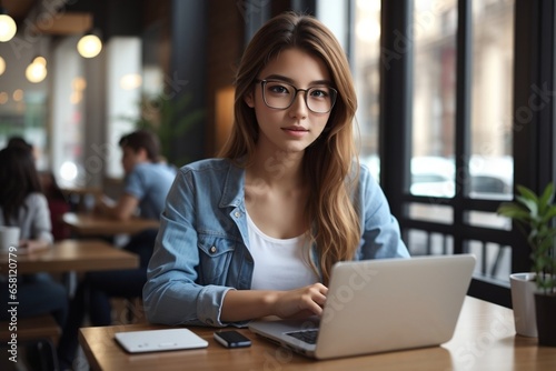Portrait of a woman sitting in a cafe using laptop, The beautiful woman who wears glasses sitting in the restaurant and using laptop | AI-GENERATED 
