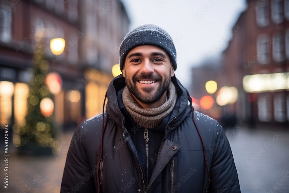 Portrait of a handsome young man in the city at Christmas time Portrait of a handsome young man in the city at Christmas time