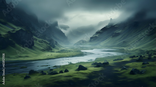Illustration of the foot of a misty mountain with rivers and rocks with fertile soil with green grass