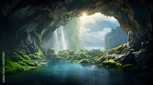 Cave with flowing river and waterfall view on a clear morning