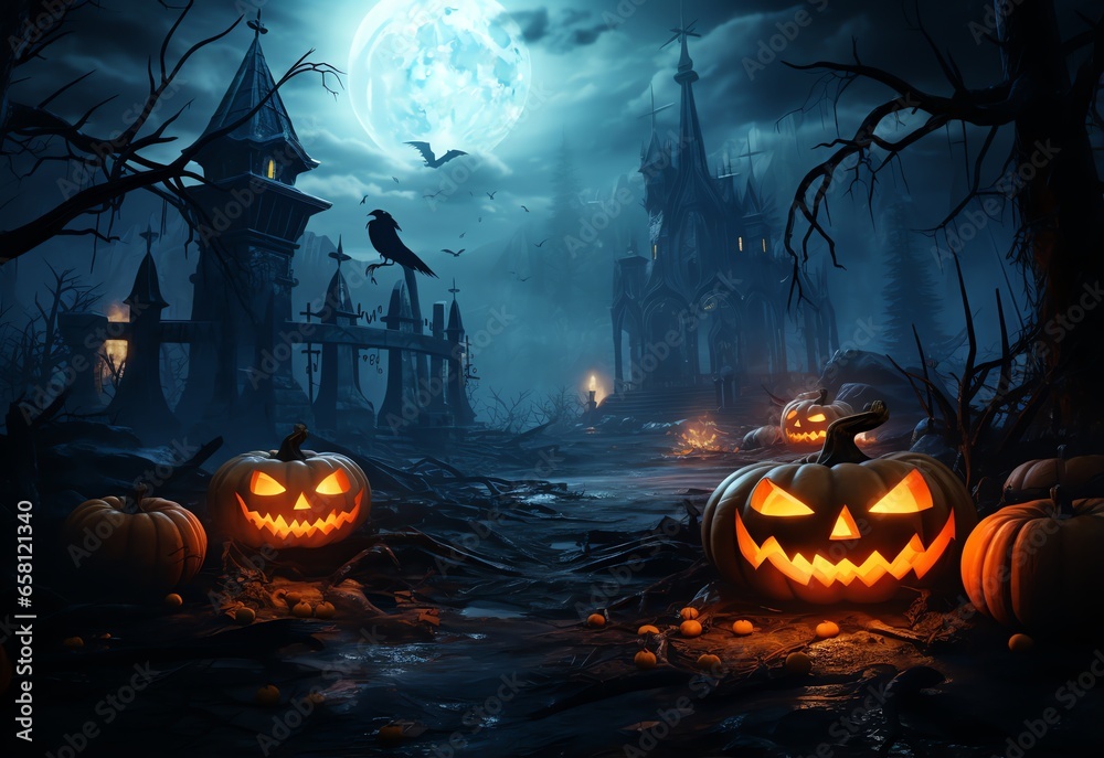Fototapeta premium Halloween background with pumpkins and scary castle