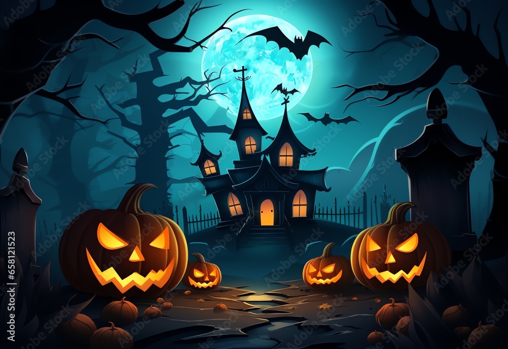 Halloween background with pumpkins and scary castle