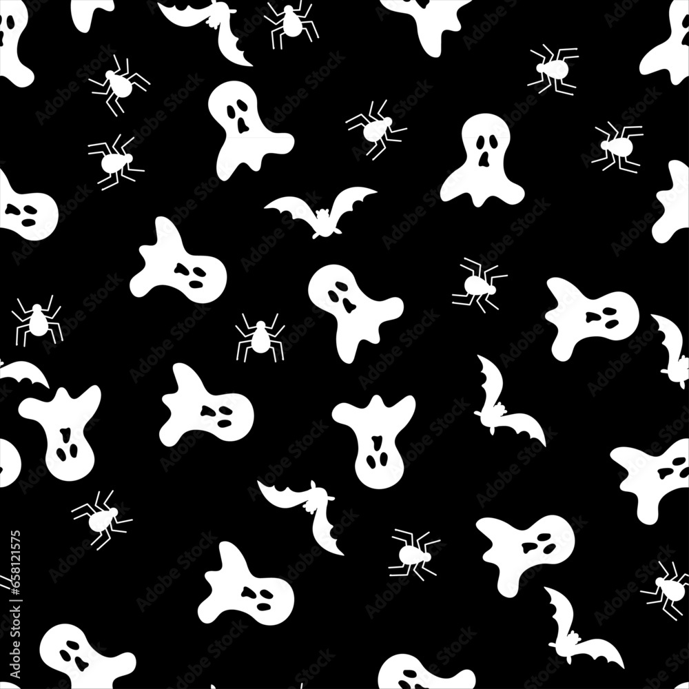 seamless halloween pattern with ghost,bats and spider black and white background
