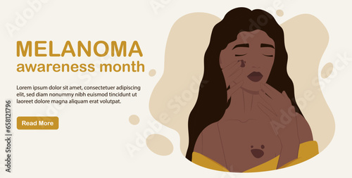 Skin cancer and melanoma awareness month woman screening. Person health checkup, birthmark spot vector illustration.