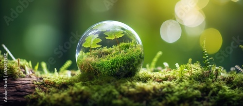 Earth day and conservation concept represented by moss covered glass globe in forest environment