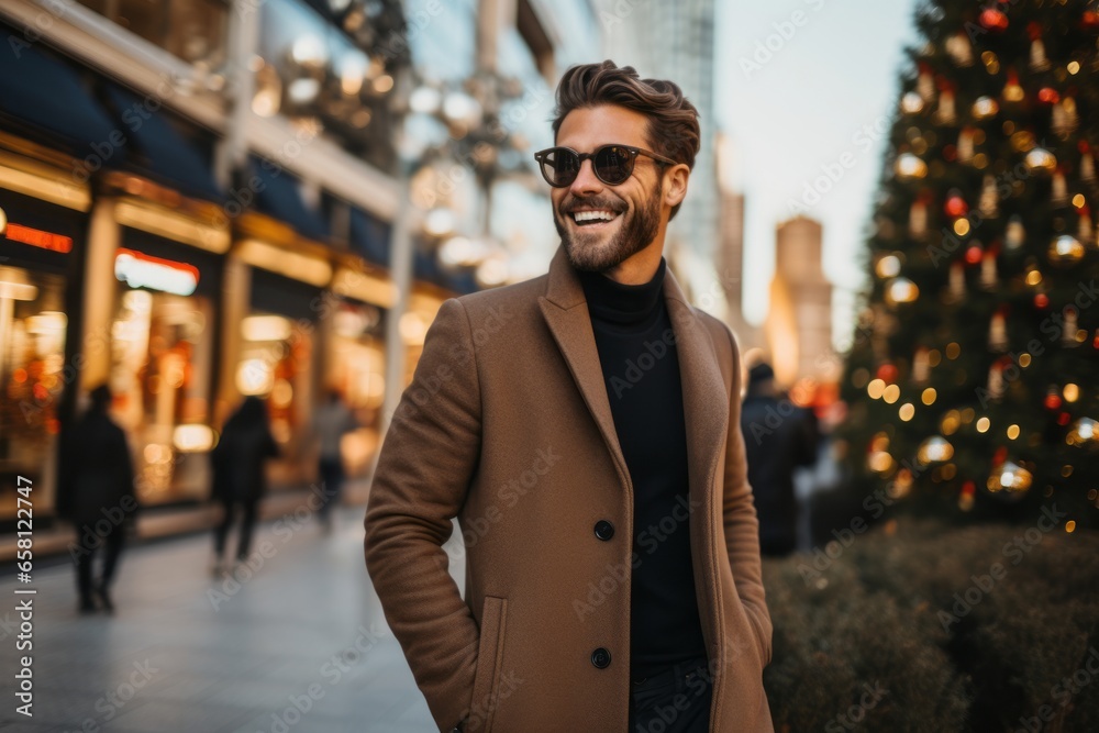 Handsome young man in coat and sunglasses is walking on the street near the Christmas tree.