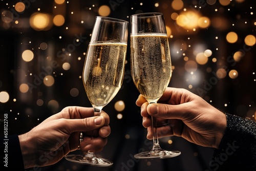 Close up of two people man and women lover holding glasses of shampagne on xmas. Christmas and New Year together romantic festive evening concept. photo