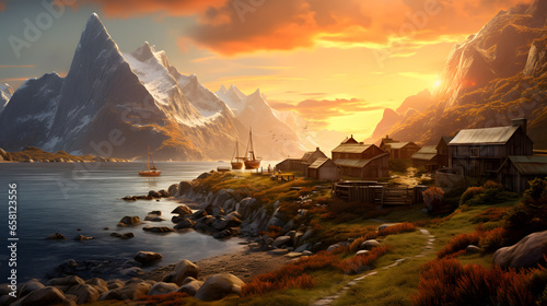 Beautiful landscape with wooden houses and mountains at sunset