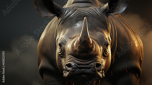 Close-Up Portrait of Strong Big Rhinoceros Front Facing Selective Focus Background