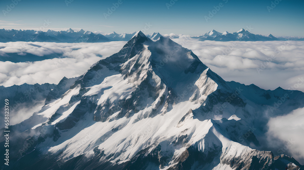 majestic snowy mountain peak towering above the clouds, its pristine white slopes contrasting against the deep blue sky. AI generation