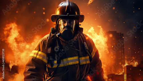 Portrait of a firefighter against a background of flames and fire.