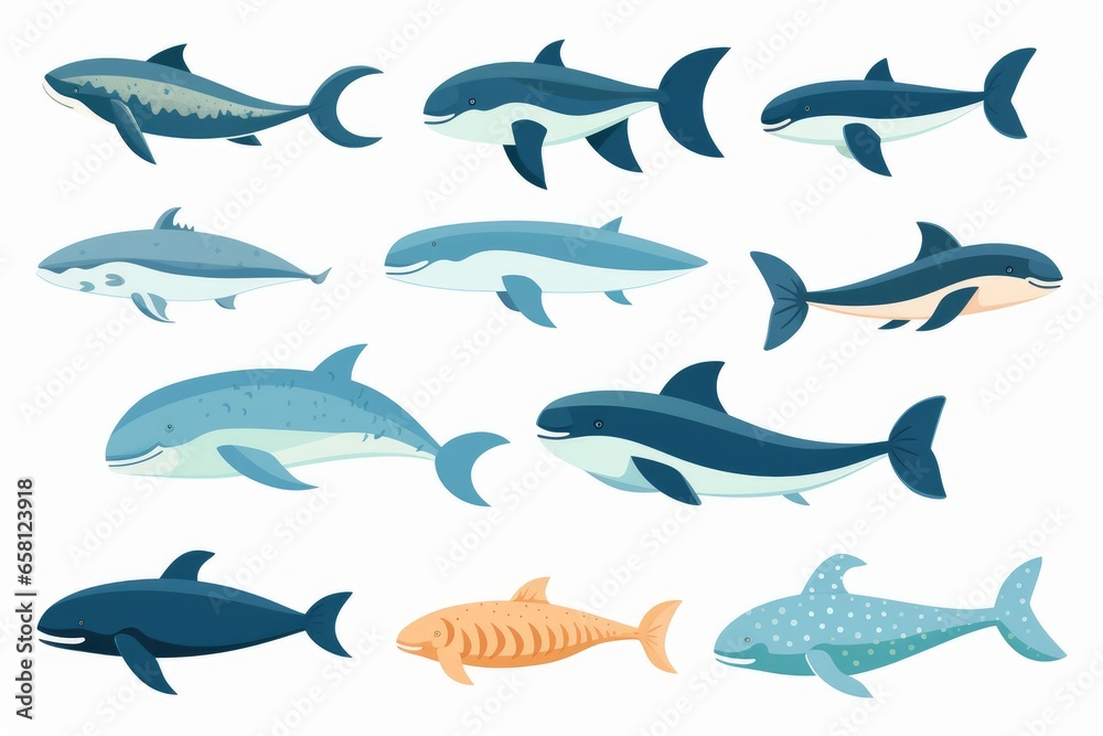 Flat design vector whales icon set. Popular whales species collection. Whales set in flat design. Vector illustration - obrazy, fototapety, plakaty 