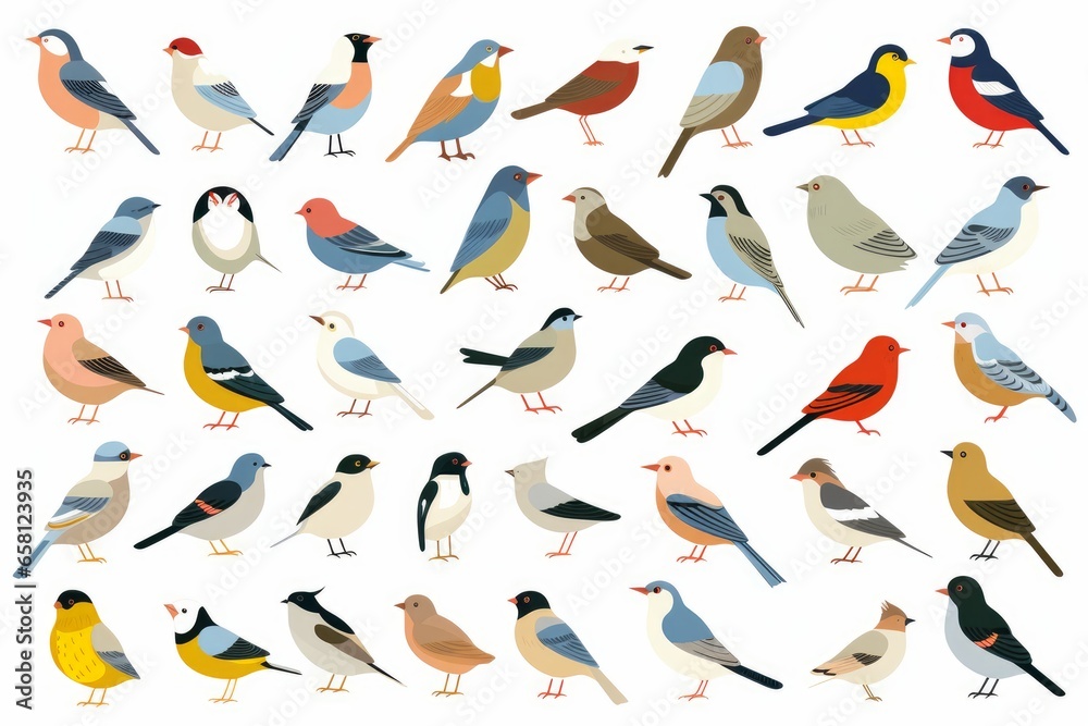 Flat design vector birds icon set. Popular birding species collection. Exotic bird set in flat design. Vector illustration - obrazy, fototapety, plakaty 