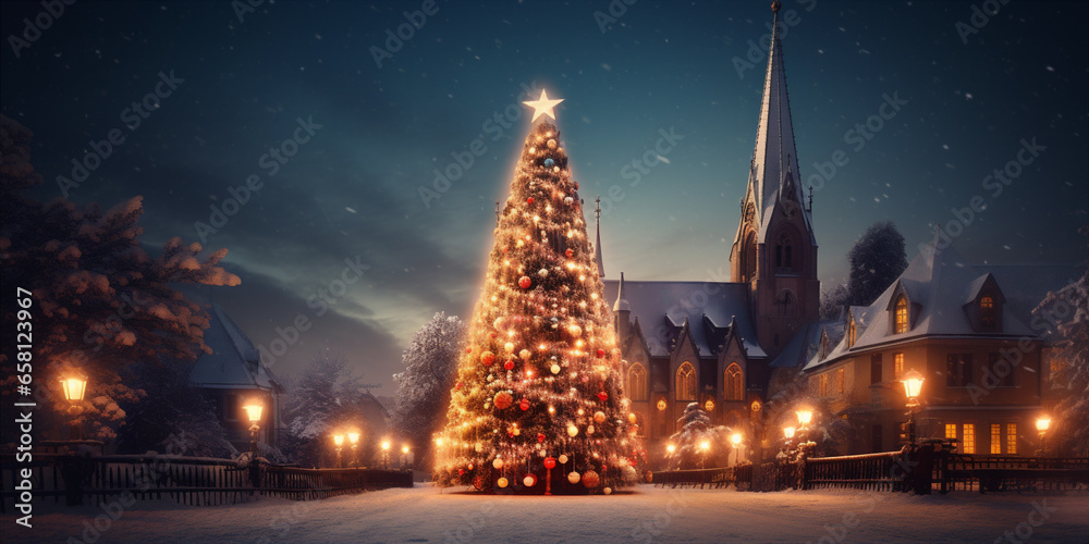Fototapeta premium a christmas tree is decorated nearby a church in a town
