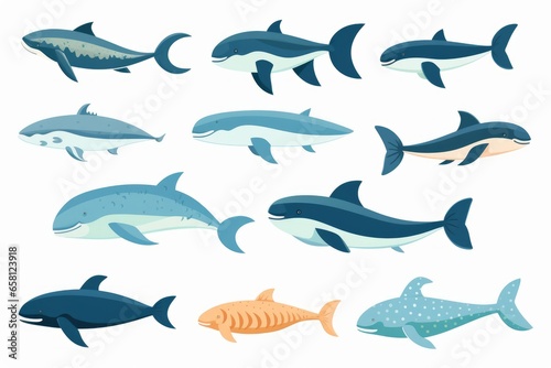 Flat design vector whales icon set. Popular whales species collection. Whales set in flat design. Vector illustration