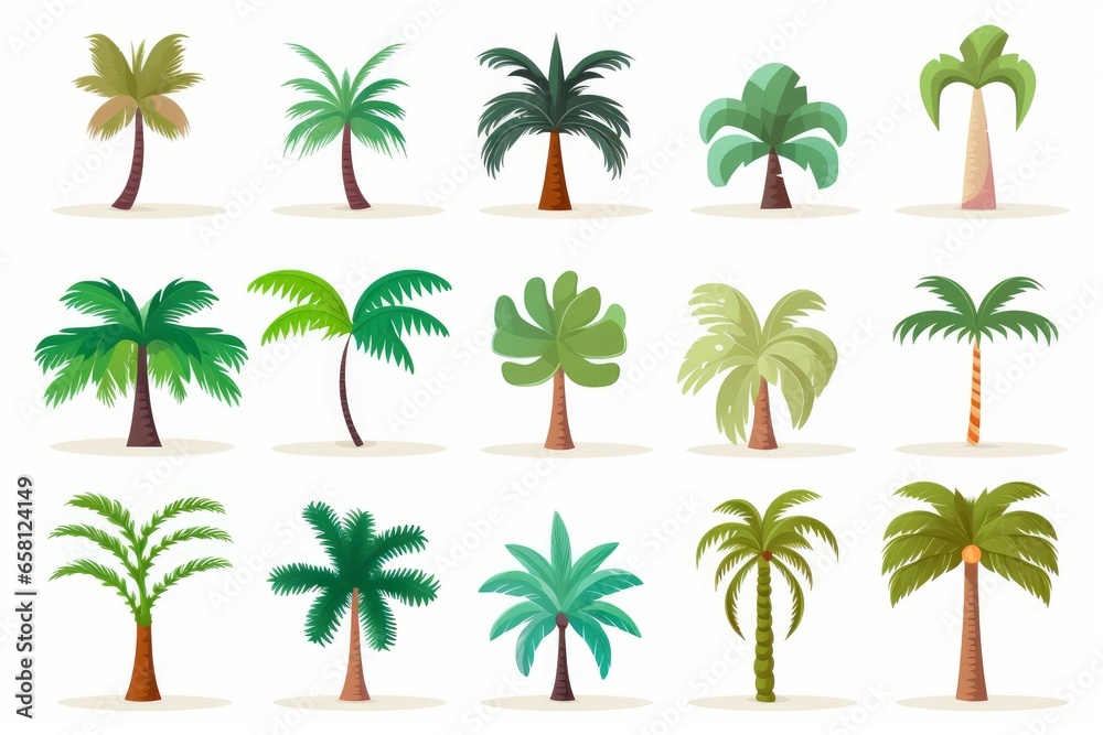 Obraz premium Flat design vector palm tree icon set. Popular palm tree collection. Exotic palm tree set in flat design. Vector illustration