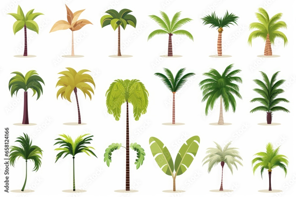 Flat design vector palm tree icon set. Popular palm tree collection. Exotic palm tree set in flat design. Vector illustration