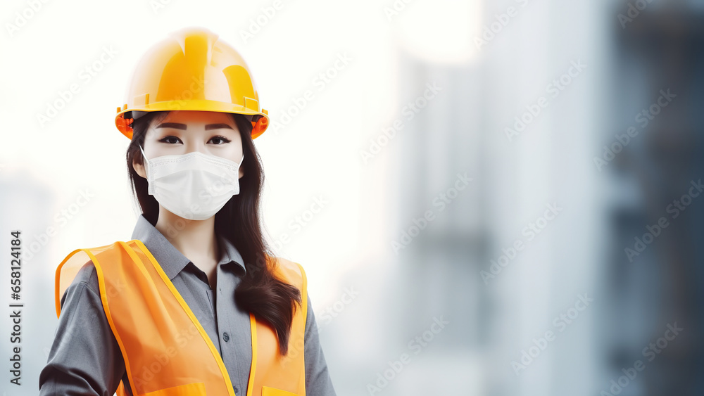 Portrait of a girl engineer in a hard hat on the background of the office.
