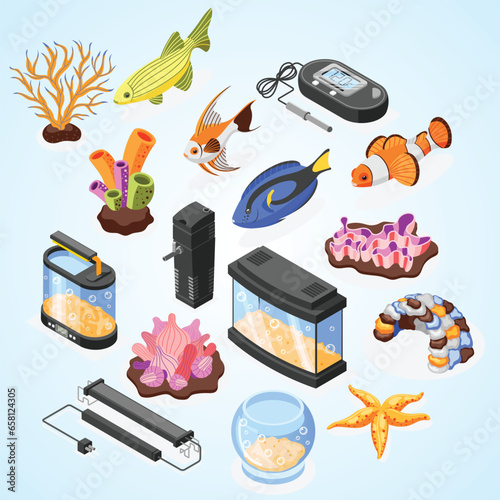 aquarium equipment fish starfish corals isometric icons set isolated vector illustration