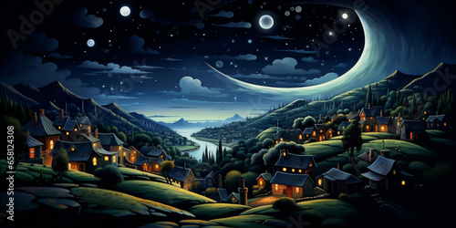a town at night with a small houses under the stars