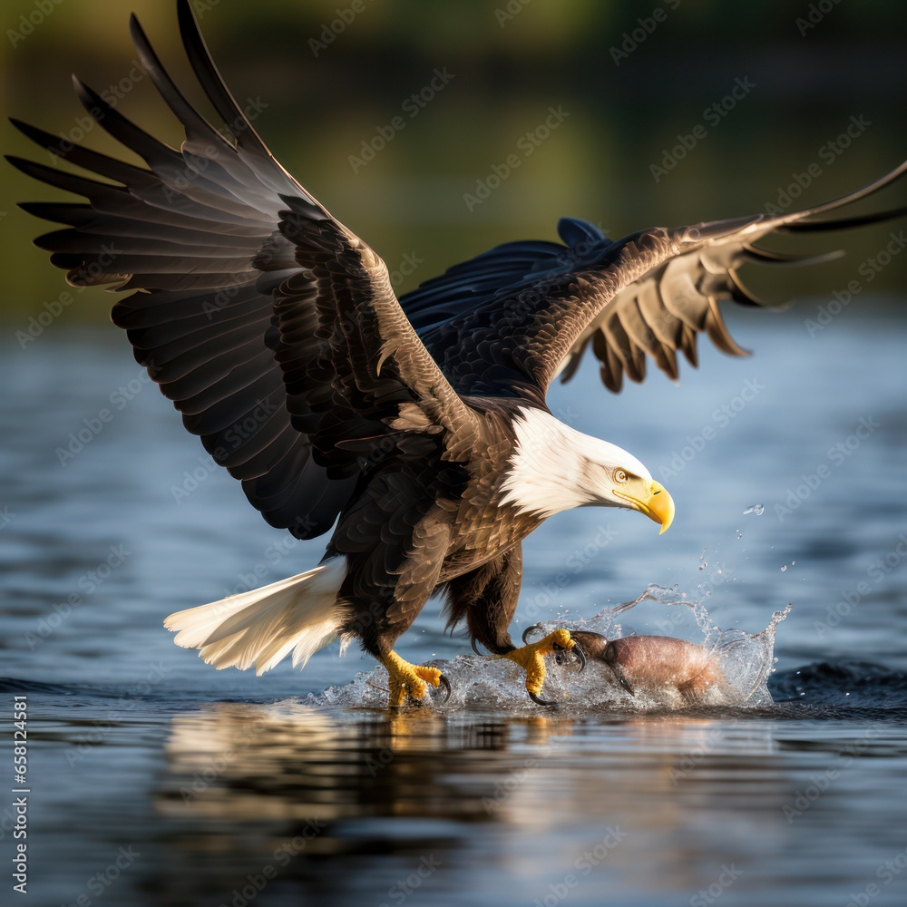 bald eagle in flight catching a fish. bald eagle in flight catching a fish.