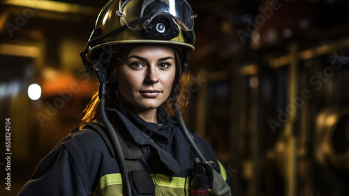 Portrait of a firefighter girl in uniform. © Andrii