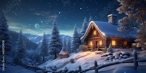 christmas small log cabin is snow covered at night © xartproduction