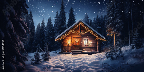 christmas small log cabin is snow covered at night © xartproduction