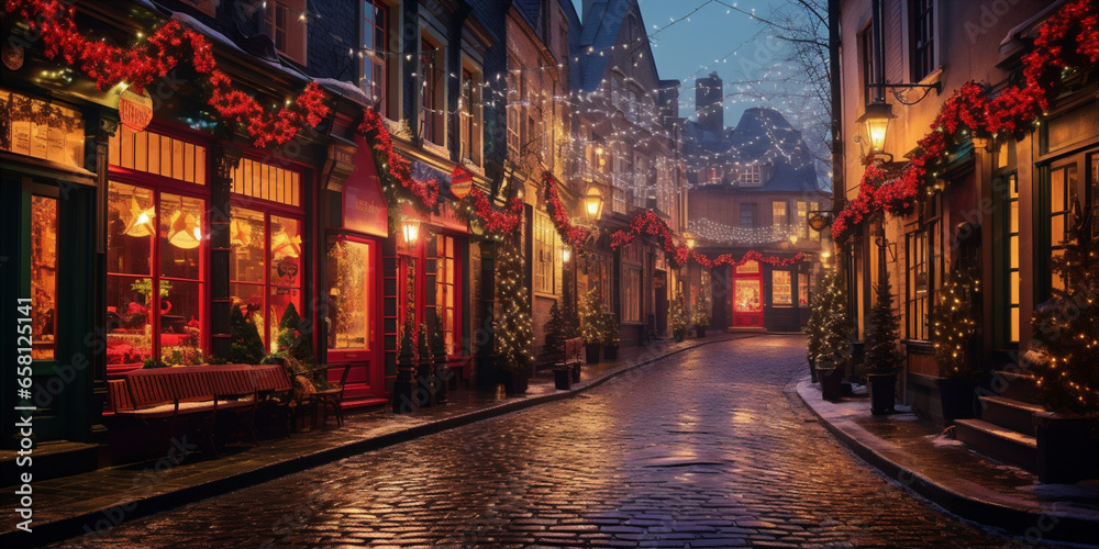 the cobble stone street is decorated with christmas - obrazy, fototapety, plakaty 