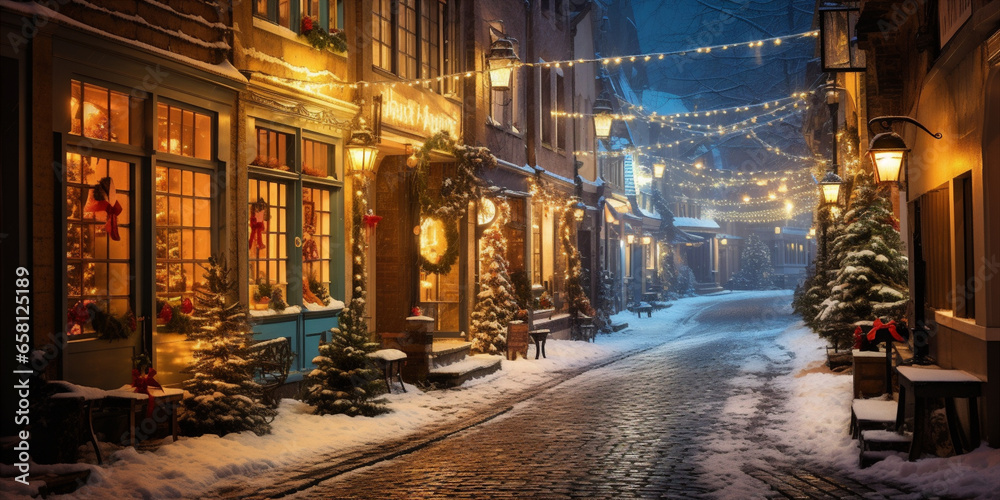 the cobble stone street is decorated with christmas - obrazy, fototapety, plakaty 