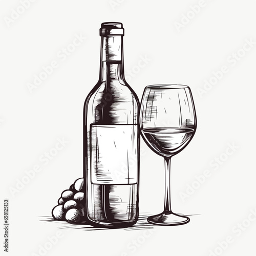 Wine bottle and wine glass clip art, monochrome toning