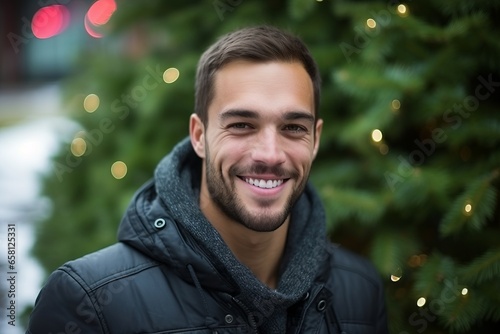Portrait of a handsome young man smiling at the camera outdoors in winter