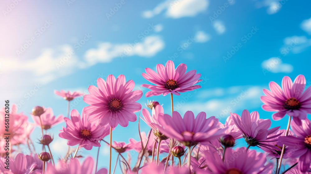 Closeup on purple daisy flowers with blue sky background Closeup on purple daisy flowers with blue sky background