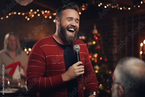 Happy man singing into a microphone at a christmas dinner party. photo