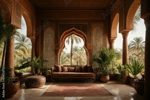 The Arab mud house with its unique combination of simplicity and elegance. A wooden pergola covered with vibrant rugs and cushions invites you to relax and enjoy the warm sunshine.  © Fantasy24