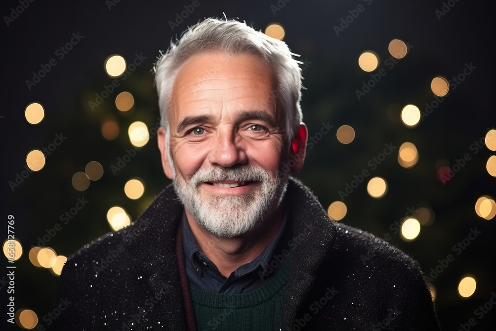Portrait of a happy senior man with Christmas lights in the background.