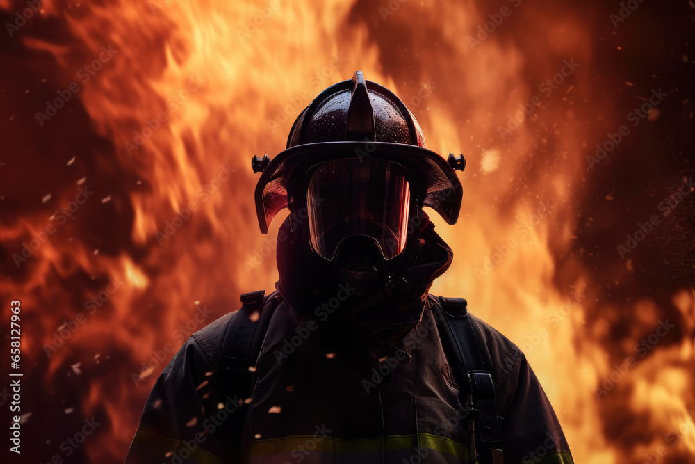 Firefighter in gear against a backdrop of flames - Bravery in action - AI Generated Firefighter in gear against a backdrop of flames - Bravery in action - AI Generated