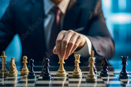 Businessman moving chess piece on the chess board game. Business concept of strategy and creative.