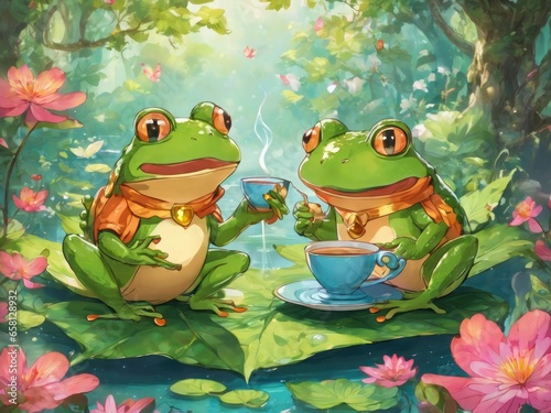 Cute frog sitting and drinking tea created by AI.