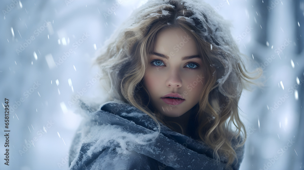 Beautiful girl in winter snowy park