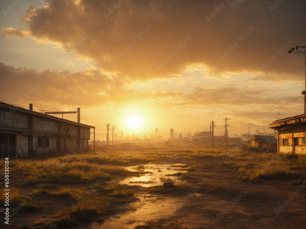 abandoned city. An old disused factory, abandoned and in ruins, with a smashed roof and a chimney. Tall weeds invade the building. Concept of economic bankruptcy. setting sun