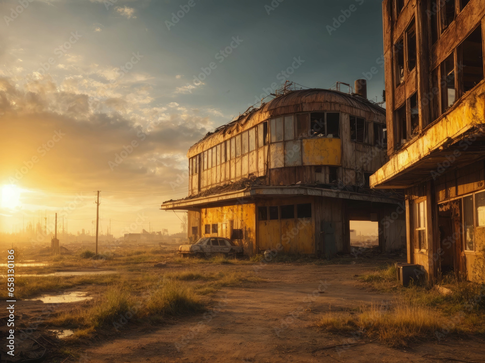 abandoned city. An old disused factory, abandoned and in ruins, with a smashed roof and a chimney. Tall weeds invade the building. Concept of economic bankruptcy. setting sun